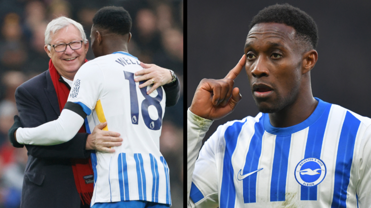 MANCHESTER, ENGLAND - JANUARY 19: Sir Alex Ferguson former Manager of Manchester United and Danny Welbeck of Brighton and Hove Albion embrace befor...
