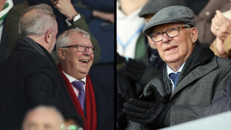 GLASGOW, SCOTLAND - NOVEMBER 05: Sir Alex Ferguson in the stands prior to the UEFA Champions League 2024/25 League Phase MD4 match between Celtic F...