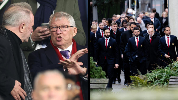 GLASGOW, SCOTLAND - NOVEMBER 05: Sir Alex Ferguson in the stands prior to the UEFA Champions League 2024/25 League Phase MD4 match between Celtic F...