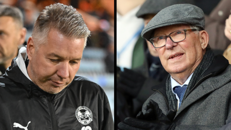 WREXHAM, WALES - JANUARY 4: Sir Alex Ferguson looks on in the stands during the Sky Bet League One match between Wrexham AFC and Peterborough Unite...