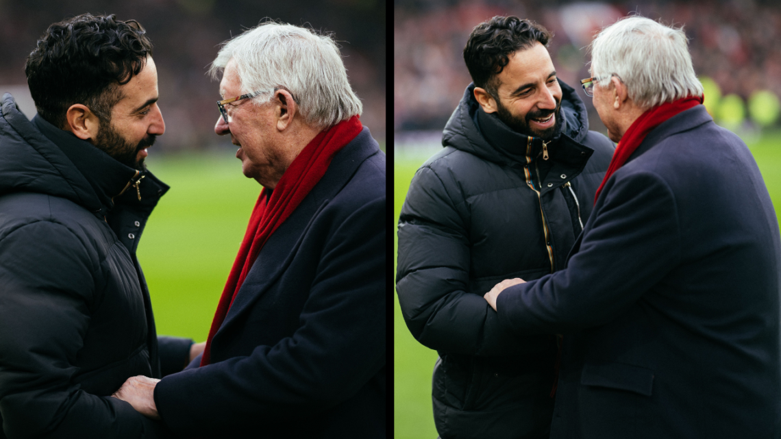 MANCHESTER, ENGLAND - JANUARY 19: Ruben Amorim, Manager of Manchester United interacts with Sir Alex Ferguson prior to the Premier League match bet...