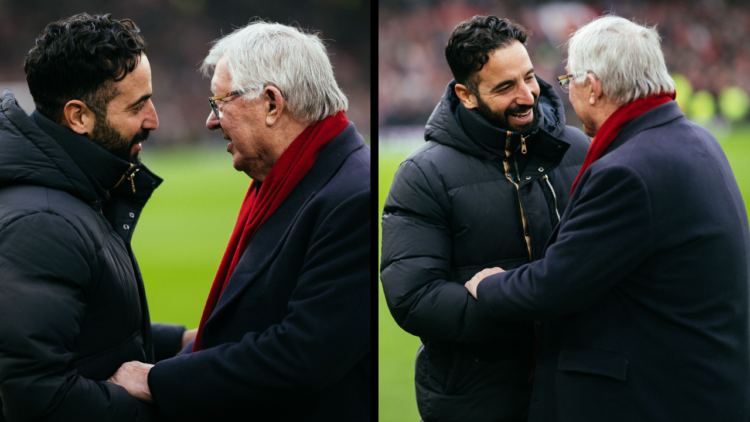 MANCHESTER, ENGLAND - JANUARY 19: Ruben Amorim, Manager of Manchester United interacts with Sir Alex Ferguson prior to the Premier League match bet...