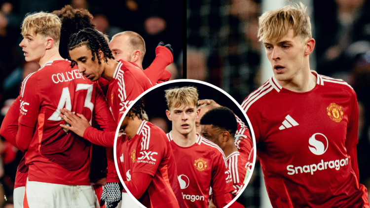 MANCHESTER, ENGLAND - JANUARY 23: Leny Yoro & Toby Collyer of Manchester United celebrate their team's first goal with team-mates during the UEFA E...