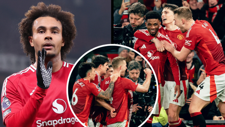 MANCHESTER, ENGLAND - JANUARY 16: Amad of Manchester United celebrates scoring their third goal during the Premier League match between Manchester ...