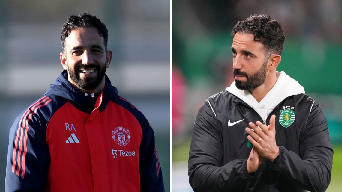 Split image of Ruben Amorim. On the left, he is in Manchester United training gear. On the right, he is in a Sporting CP jacket.