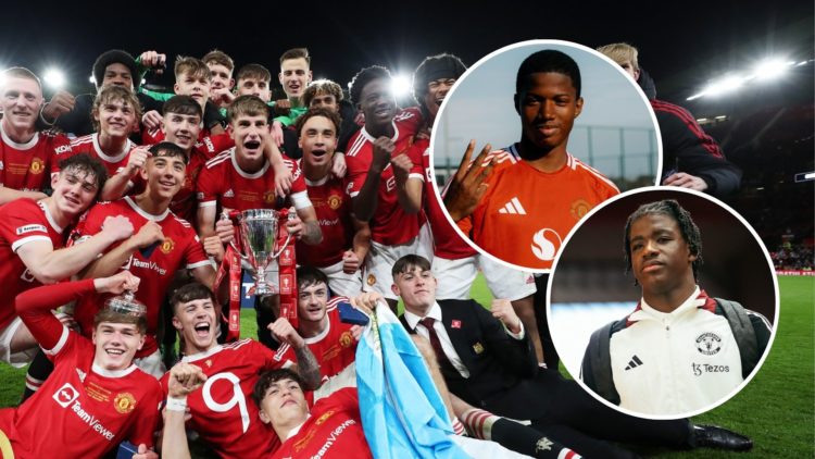 Manchester United players celebrate with the FA Youth Cup Trophy in 2022. Inset, Chido Obi Martin and Godwill Kukonki.