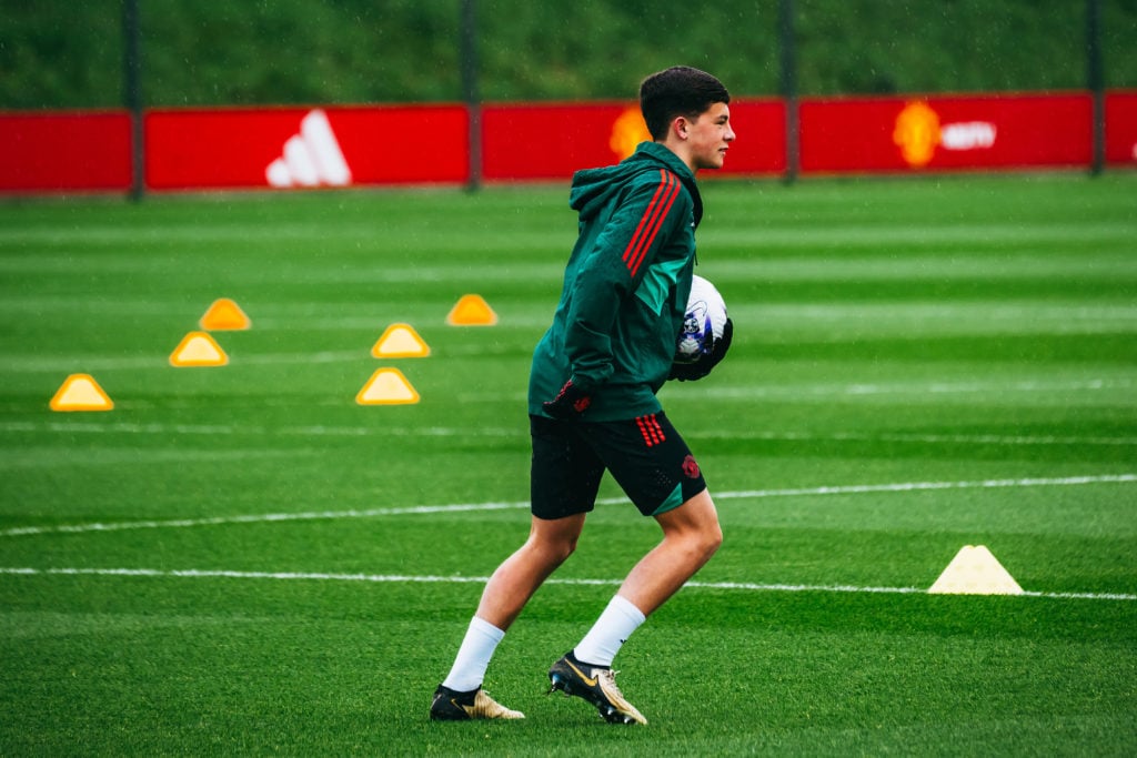 Shea Lacey of Manchester United in action during a first team training session at Carrington Training Ground on April 10, 2024 in Manchester, England.