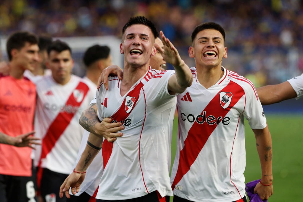 Franco Mastantuono and Claudio Echeverri of River Plate celebrates after winning the Liga Profesional 2024 match between Boca Juniors and River Plate