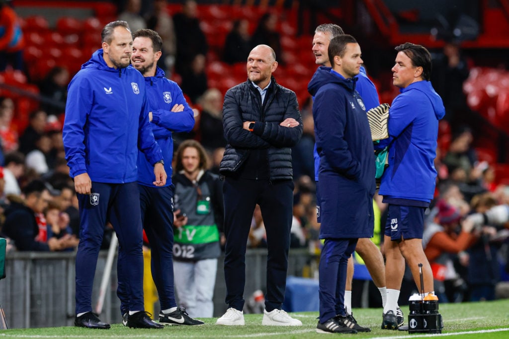 head coach/coach Joseph Oosting of FC Twente during warm up prior to the UEFA Europa League 2024/25 League Phase MD1 match between Manchester Unite...