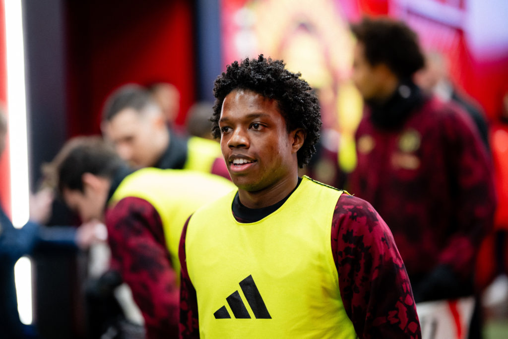 Tyrell Malacia as a substitute walking out of the tunnel at Old Trafford