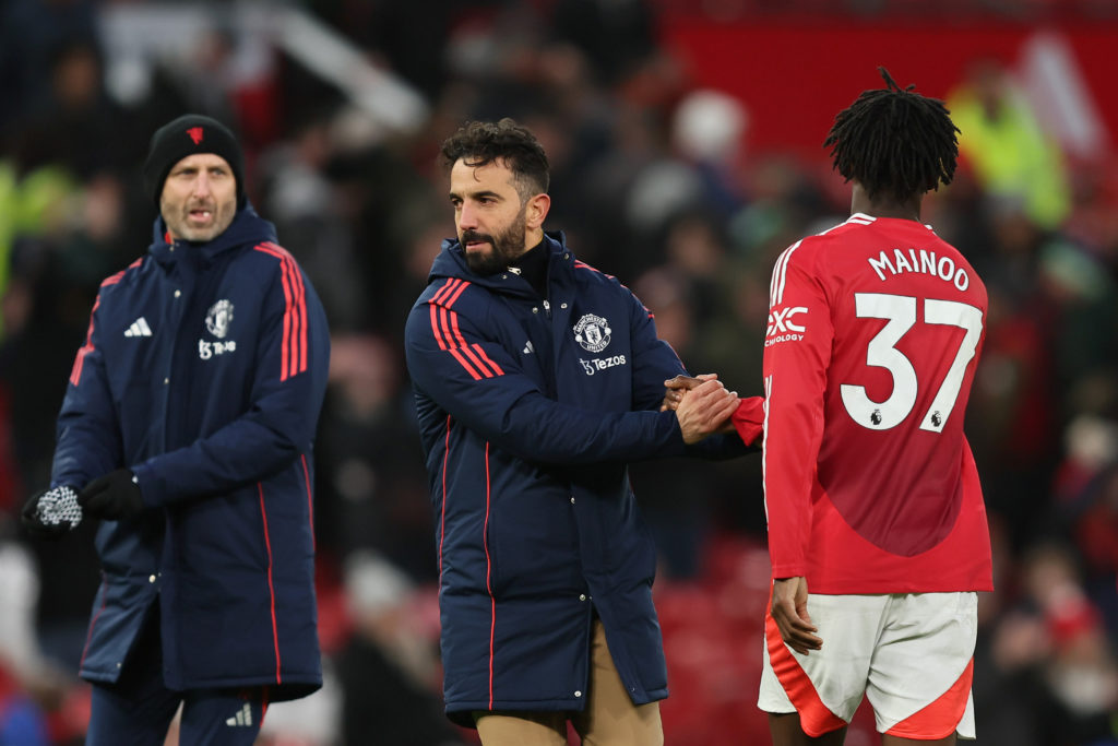 Ruben Amorim, Manager of Manchester United, interacts with Kobbie Mainoo of Manchester United after the Premier League match between Manchester Uni...
