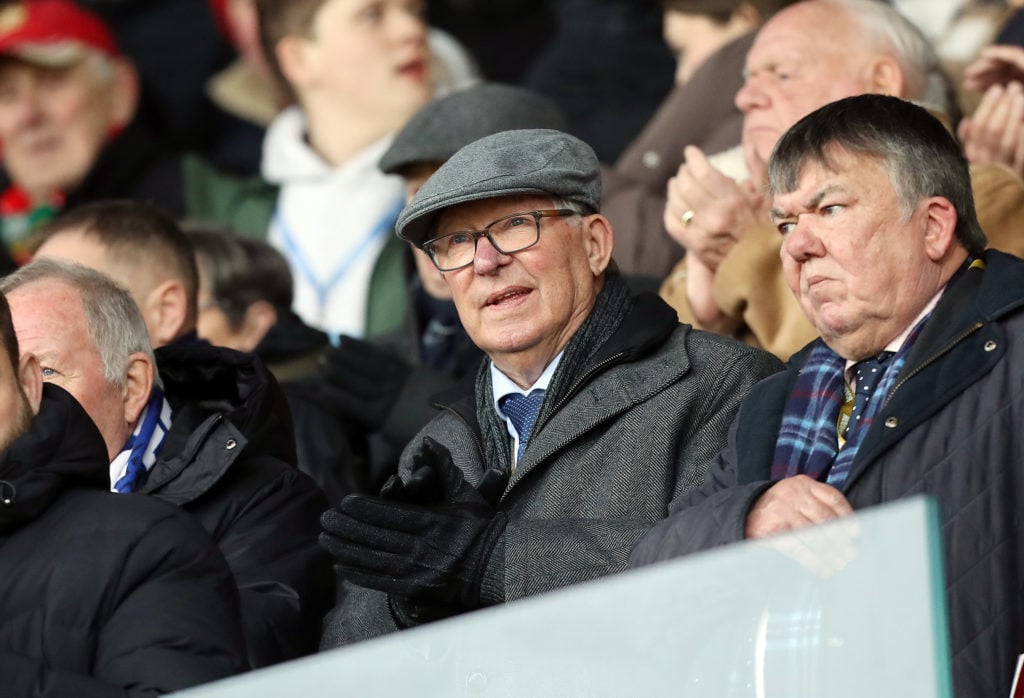 Sir Alex Ferguson looks on in the stands during the Sky Bet League One match between Wrexham AFC and Peterborough United FC at the STK Cae Ras on J...