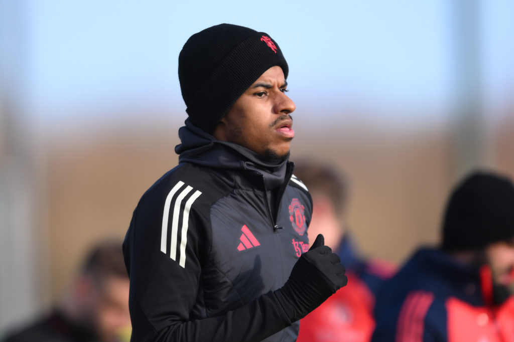 Marcus Rashford of Manchester United takes part ind the UEFA Europa League 2024/25 League Phase MD8 training and press conference at the Carrington Training complex on January 29, 2025