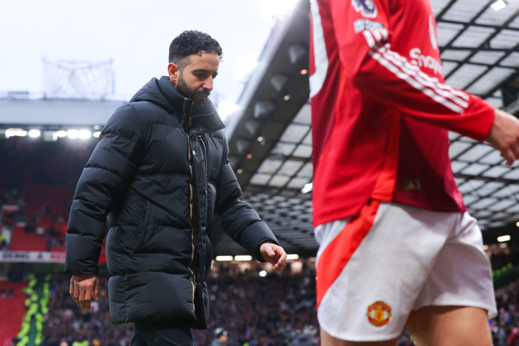 Ruben Amorim, head coach of Manchester United, looks dejected after the Premier League match between Manchester United FC and Crystal Palace FC at ...
