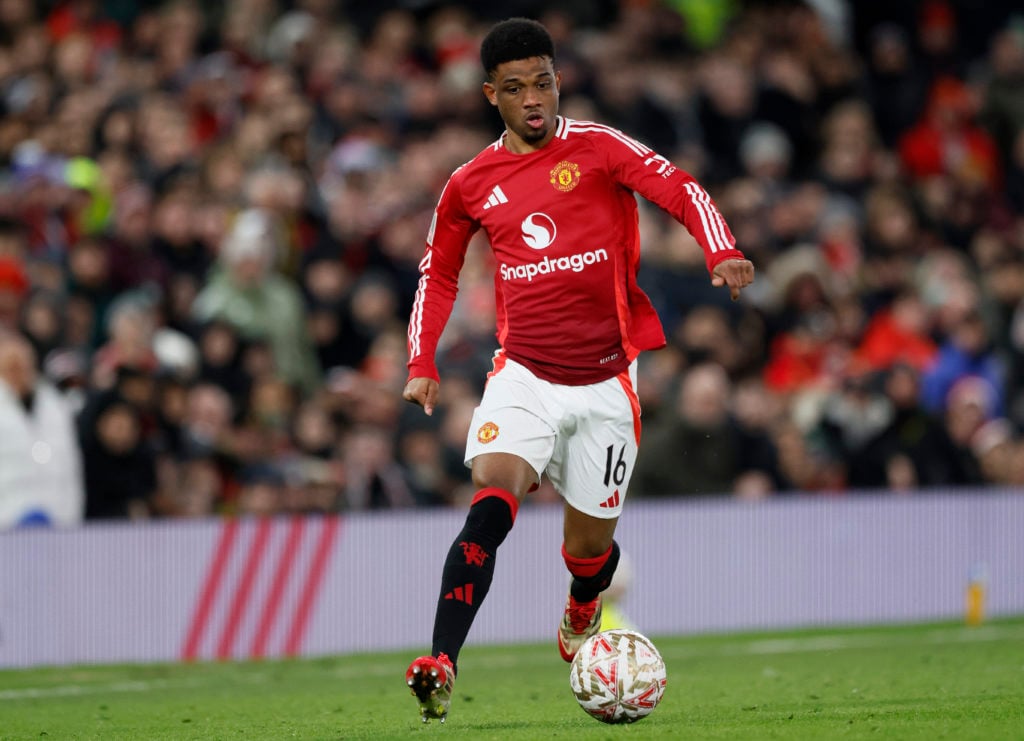 Amad Diallo of Manchester United on the ball during the Emirates FA Cup Fourth Round match between Manchester United and Leicester City at Old Traf...