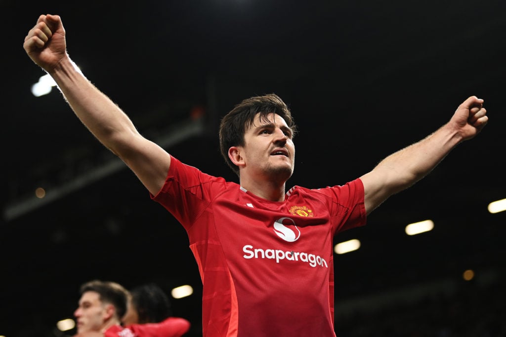 Harry Maguire of Manchester United celebrates scoring his team's second goal during the Emirates FA Cup Fourth Round match between Manchester Unite...