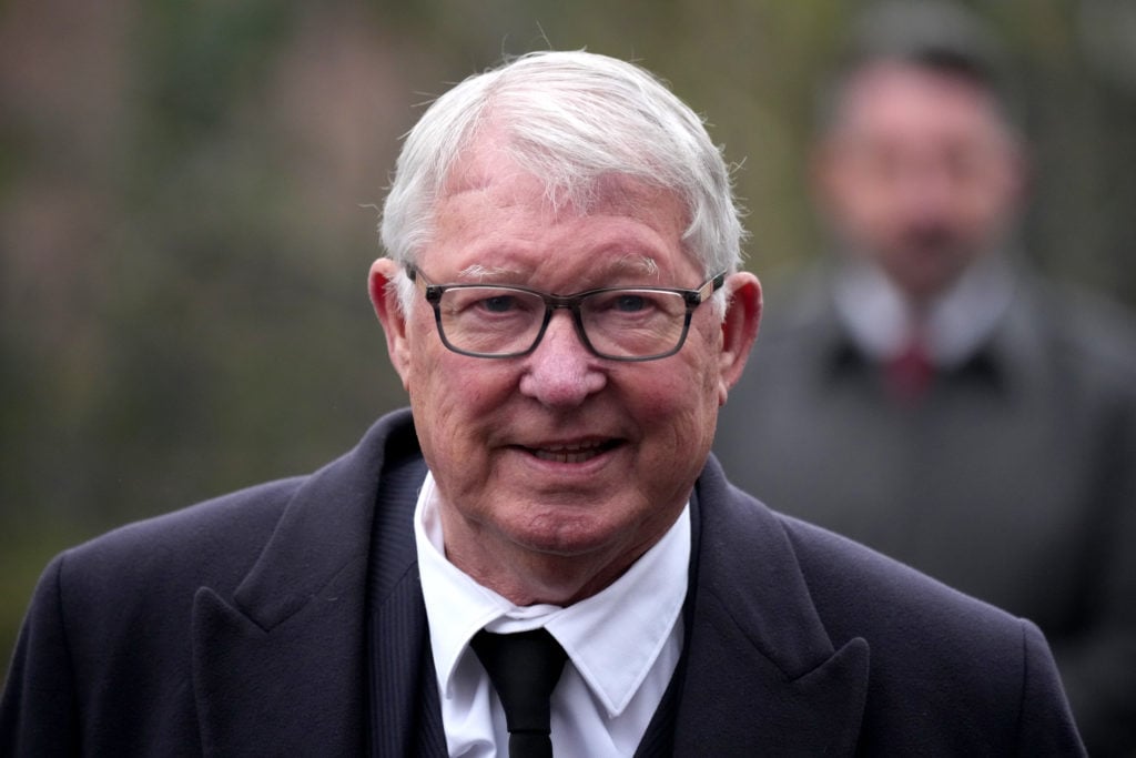 Alex Ferguson arrives to attend the funeral of late Manchester United and Scotland footballer Denis Law on February 11, 2025 in Manchester, England...