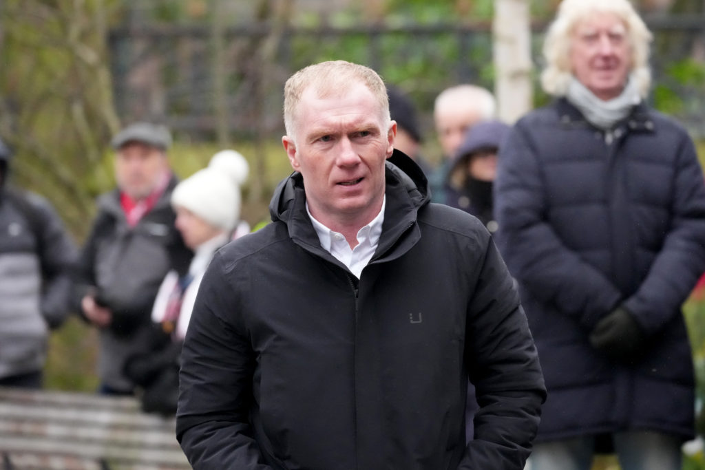 Paul Scholes arrives to attend the funeral of late former Manchester United and Scotland footballer Denis Law in 2025 in Manchester, England.