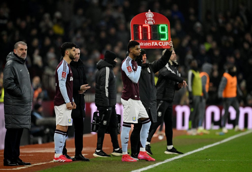 Marcus Rashford of Aston Villa prepares to make his debut as he is substituted on during the Emirates FA Cup Fourth Round match between Aston Villa...