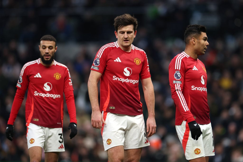 Harry Maguire of Manchester United reacts during the Premier League match between Tottenham Hotspur FC and Manchester United FC at Tottenham Hotspu...