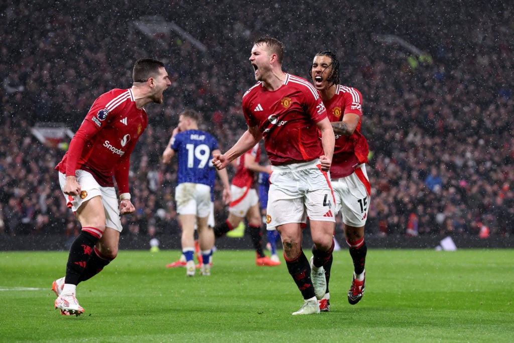 Diogo Dalot, Matthijs de Ligt and Leny Yoro of Manchester United celebrate on Feb 26, 2025