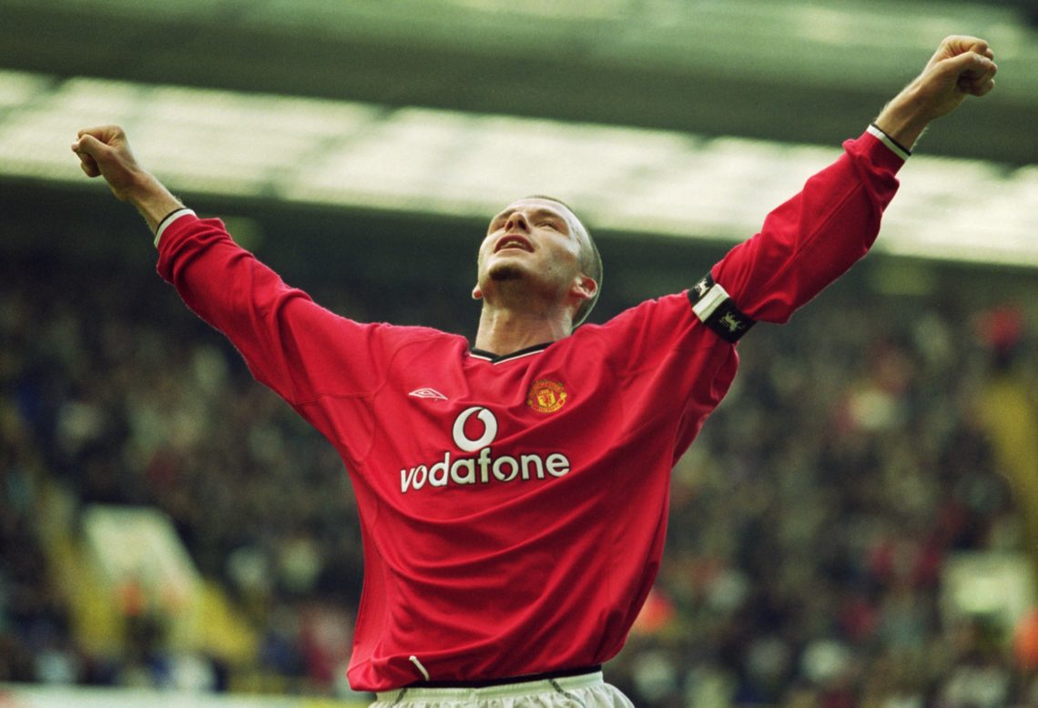 29 Sep 2001: Manchester United Captain David Beckham celebrates scoring Man Utd's 5th goal during the FA Barclaycard Premiership match against Tot...