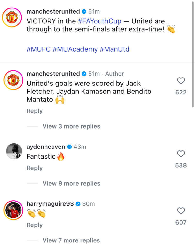 Instagram de Manchester United et des réponses