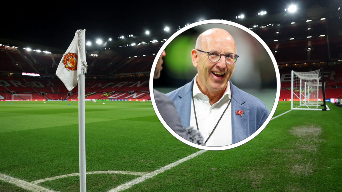 Empty Old Trafford background at night interior, Inset, Joel Glazer grins