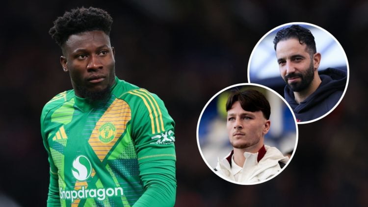 Andre Onana of Manchester United during the Premier League match between Manchester United FC and Ipswich Town FC. Inset, Ruben Amorim and Elyh Har...