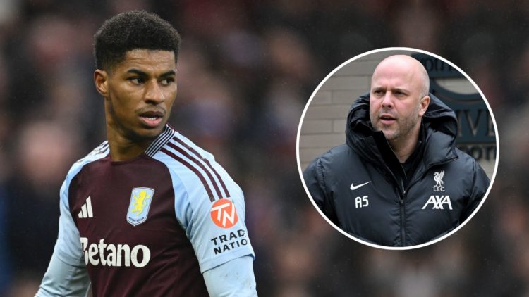 Marcus Rashford of Aston Villa. Inset, Arne Slot.