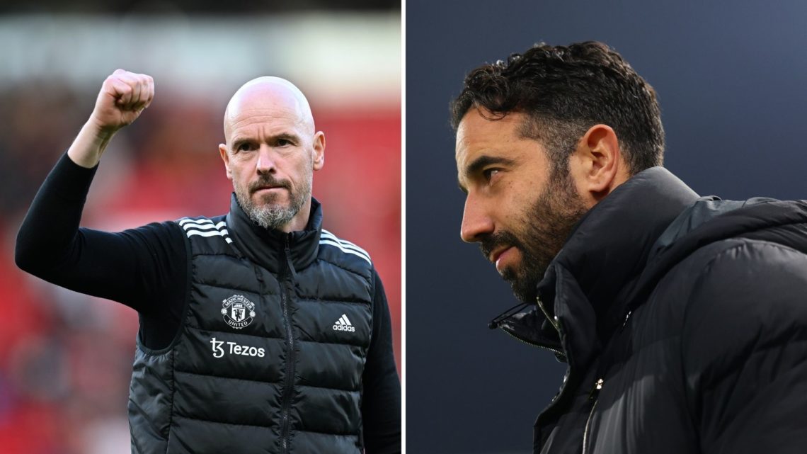 Erik ten Hag celebrating and Ruben Amorim looking on as Man Utd managers side by side