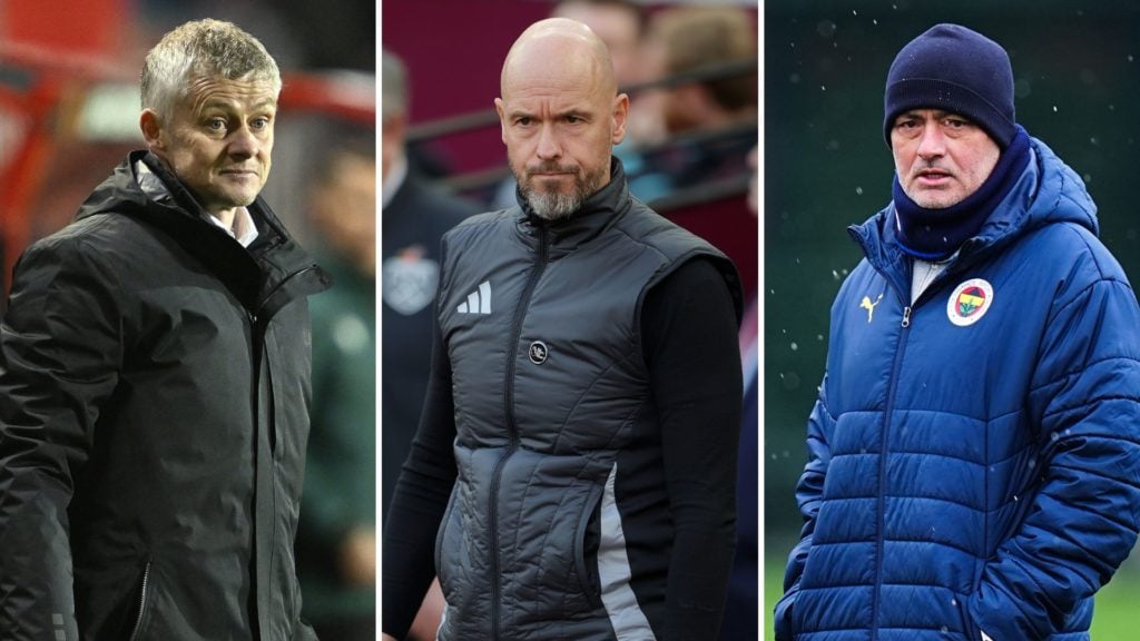 Split image of Gunnar Solskjaer following the UEFA Europa League 8th week match, Erik ten Hag looking on during a match, and Jose Mourinho leading a training session for Fenerbahce.