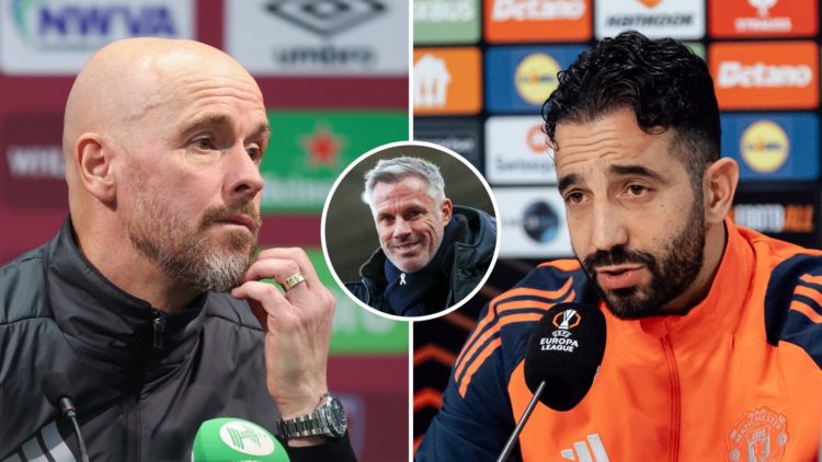 Split image of Erik ten Hag and Ruben Amorim. Inset, Jamie Carragher.