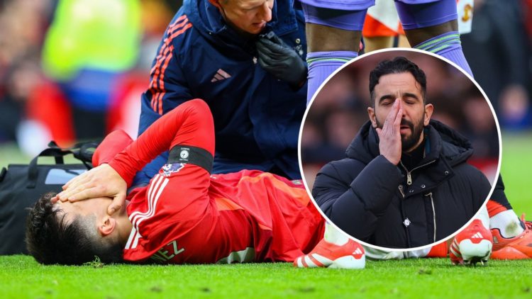 Manchester United's Lisandro Martinez lays injured. Inset, Ruben Amorim looking upset.