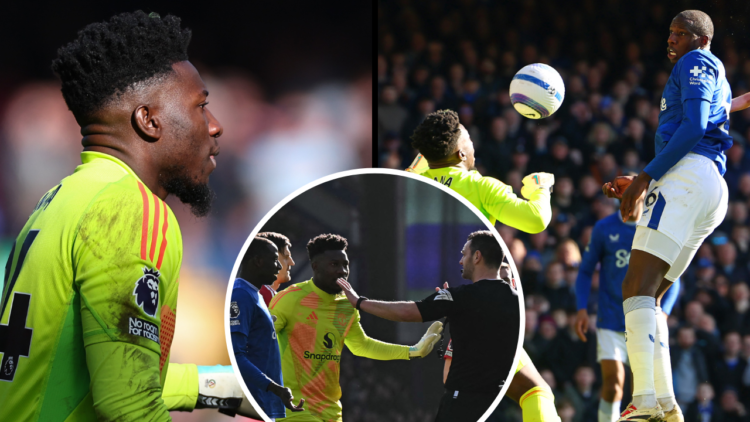 LIVERPOOL, ENGLAND - FEBRUARY 22: Andre Onana of Manchester United and Harry Maguire of Manchester United during the Premier League match between E...