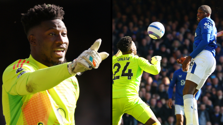 LIVERPOOL, ENGLAND - FEBRUARY 22: Andre Onana of Manchester United reacts during the Premier League match between Everton FC and Manchester United ...