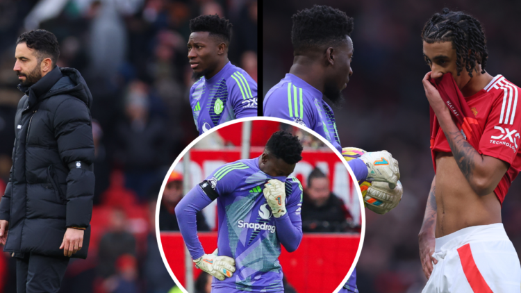 MANCHESTER, ENGLAND - FEBRUARY 2: Andre Onana, goalkeeper of Manchester United and Lenny Yoro of Manchester United look dejected during the Premier...
