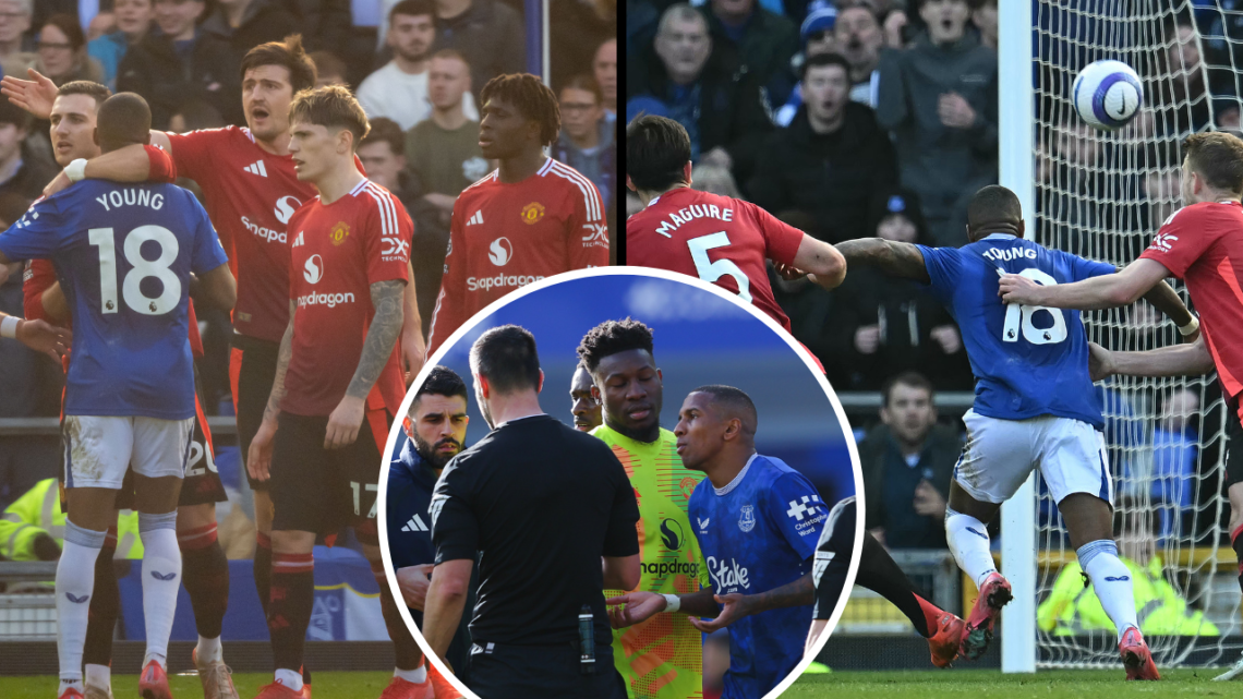 Manchester United's Dutch defender #04 Matthijs de Ligt fouls Everton's English defender #18 Ashley Young during the English Premier League footbal...