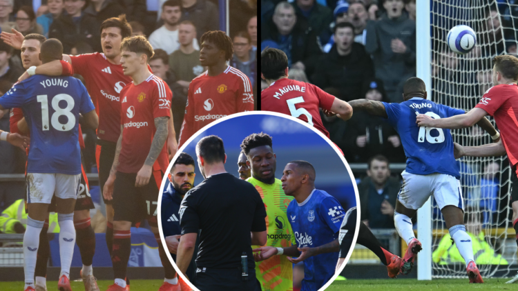 Manchester United's Dutch defender #04 Matthijs de Ligt fouls Everton's English defender #18 Ashley Young during the English Premier League footbal...