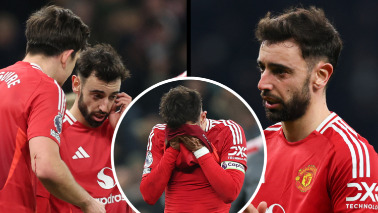 LONDON, ENGLAND - FEBRUARY 16: Bruno Fernandes of Manchester United reacts during the Premier League match between Tottenham Hotspur FC and Manches...