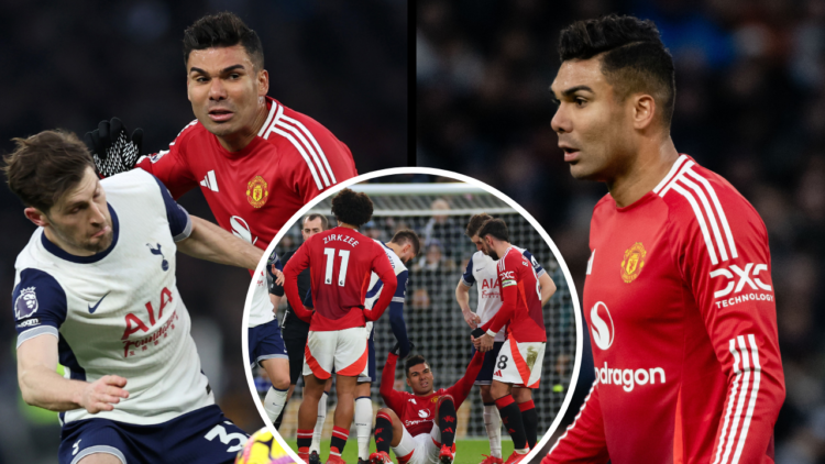 LONDON, ENGLAND - FEBRUARY 16: Ben Davies of Tottenham Hotspur and Casemiro of Manchester United during the Premier League match between Tottenham ...