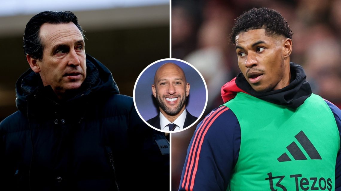 Split image of Unai Emery and Marcus Rashford. Inset, Tim Howard.