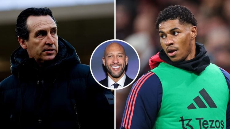 Split image of Unai Emery and Marcus Rashford. Inset, Tim Howard.