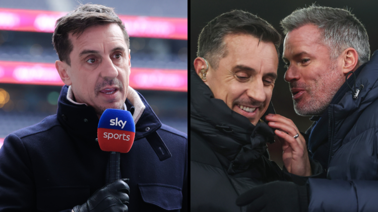 NOTTINGHAM, ENGLAND - DECEMBER 15: Sky Sports pundits Gary Neville and Jamie Carragher during the Premier League match between Nottingham Forest an...