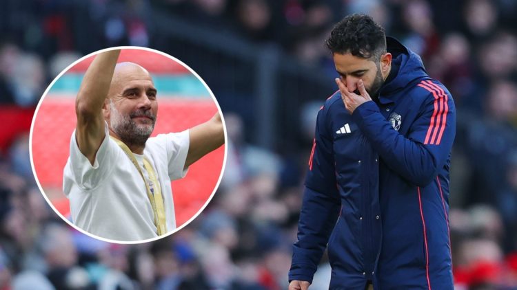 Ruben Amorim looks dejected. Inset, Pep Guardiola celebrates.