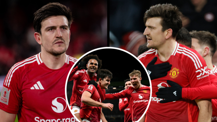 MANCHESTER, ENGLAND - FEBRUARY 07: Harry Maguire of Manchester United applauds the fans after the Emirates FA Cup Fourth Round match between Manche...