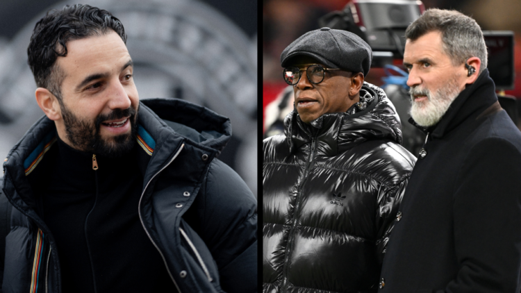 MANCHESTER, ENGLAND - FEBRUARY 07: TV pundits Ian Wright and Roy Keane are seen pitch side prior to the Emirates FA Cup Fourth Round match between ...