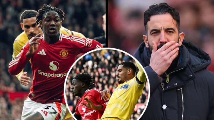 MANCHESTER, ENGLAND - FEBRUARY 02: Kobbie Mainoo of Manchester United in action during the Premier League match between Manchester United FC and Cr...