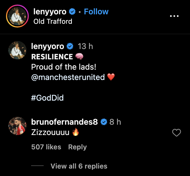 Bruno Fernandes’ response to Manchester United teammate Leny Yoro after the Ipswich match. Credit: Instagram