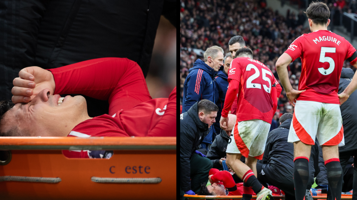 MANCHESTER, ENGLAND - FEBRUARY 2: Lisandro Martinez of Manchester United is stretchered off the pitch after sustaining an injury during the Premier...